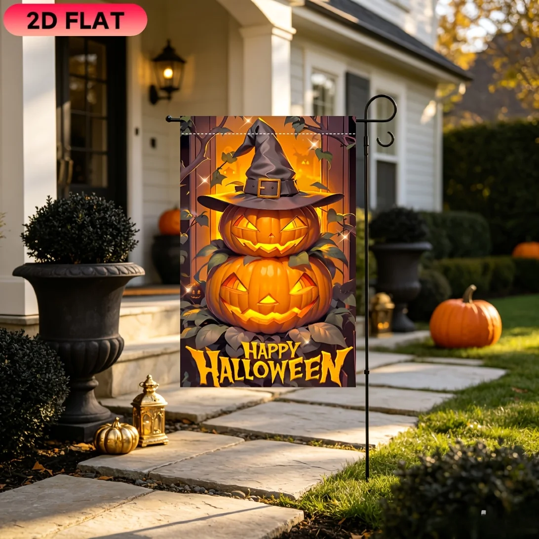 2D Flat Garden Flag 1 Piece, Wizard Hat Pumpkin Design Garden Flag, Halloween Celebration Flag, Durable Polyester Material, Very Suitable for Garden, Lawn, Courtyard, Home, Outdoor, Beach Decoration Flags, Halloween Celebration Decoration Flag