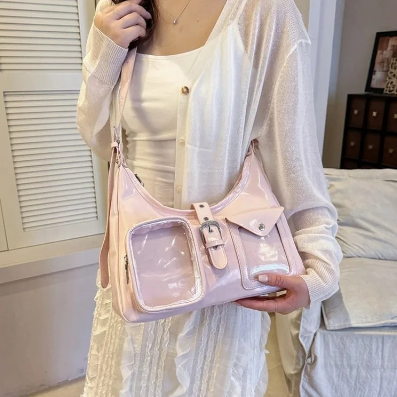 

Patent Faux Leather Hobo Bag with Multi-Pocket & Clear Window, Multi-Color for Daily Use, Shopping, Commuting and Short Trips
