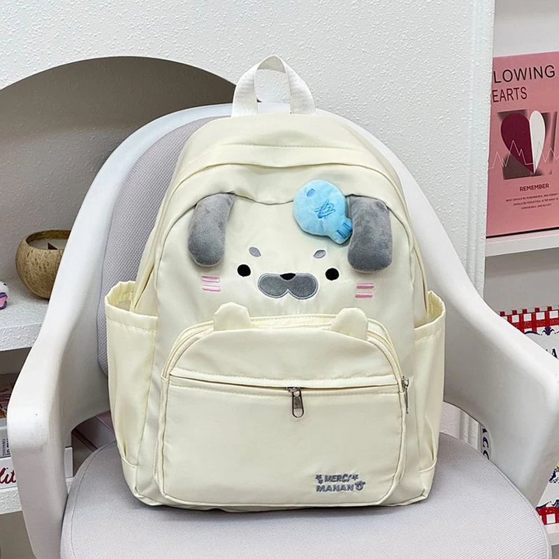 Cute 3D Dog Face Backpack Large Capacity Nylon School Backpack For Teen Girls Multi‑pocket Daily Travel Student Bookbag