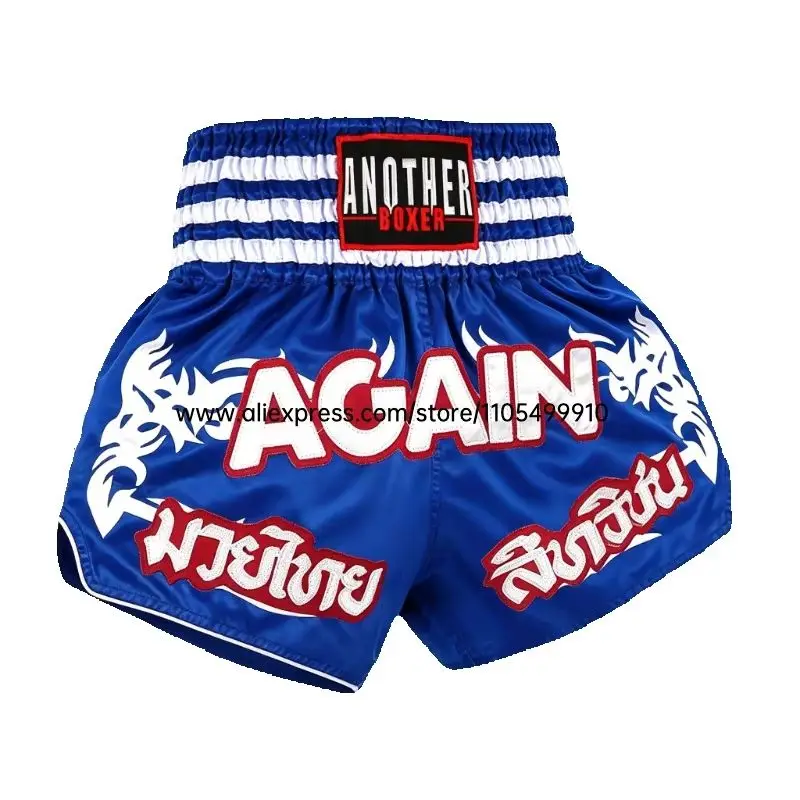 Blue Muay Thai Shorts with Embroidery Kickboxing Boxing Shorts Elastic Waist Satin Shorts for Men Women MMA Sparring Cage Fight