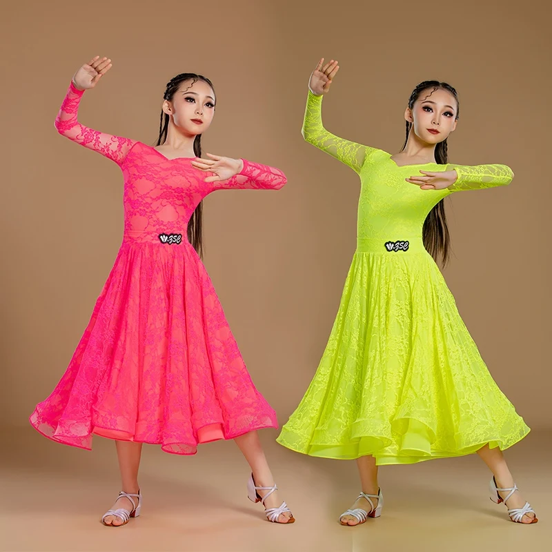 

2025 Girls Ballroom Dance Clothes Competition Performance Suit Lace Long Sleeve Big Swing Skirts Waltz Modern Costumes DN20588