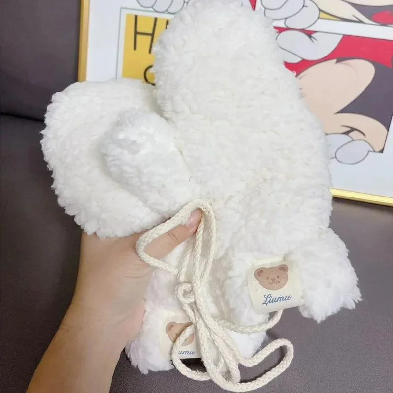 Sarung Tangan Hangat Mewah Kawaii untuk Wanita Sarung Tangan Beruang Korea Tanpa Jari Tebal Musim Dingin Lembut dengan Tali Sarung Tangan Berkendara Luar Ruangan Kasual Hangat