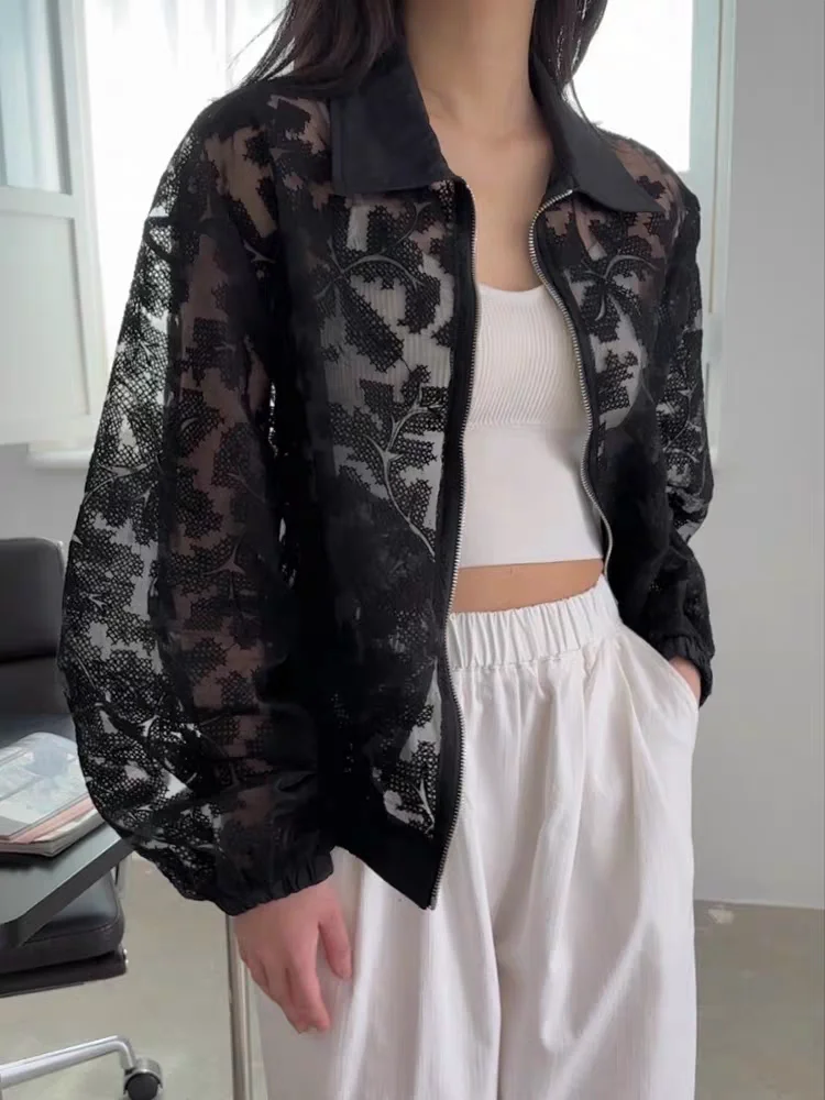 Elegant Spring Summer Short Outerwear Women Loose Fit Lace Embroidery Heavy Work Hollow out Zipper Jacket Top