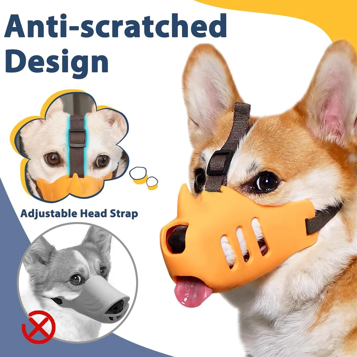 Dog Muzzle Breathable Silicone Cage Mouth Cover to Prevent Biting and Chewing, Funny Rhino Muzzle with Adjustable Head Strap