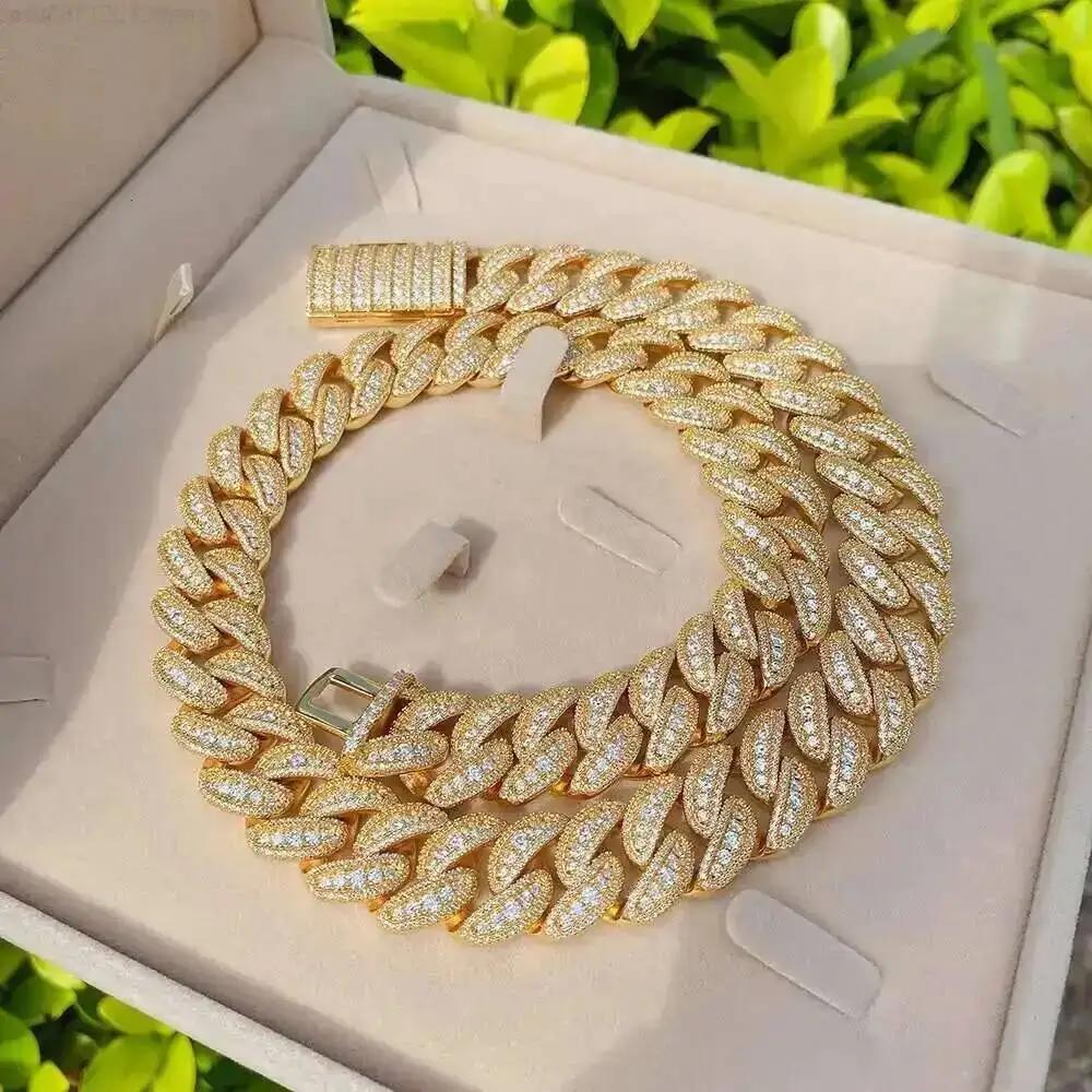 18mm 3列 925 スターリングシルバー アイスアウト ダイヤモンド キューバ リンク チェーン ヒップホップ モアッサナイト キューバ チェーン ネックレス