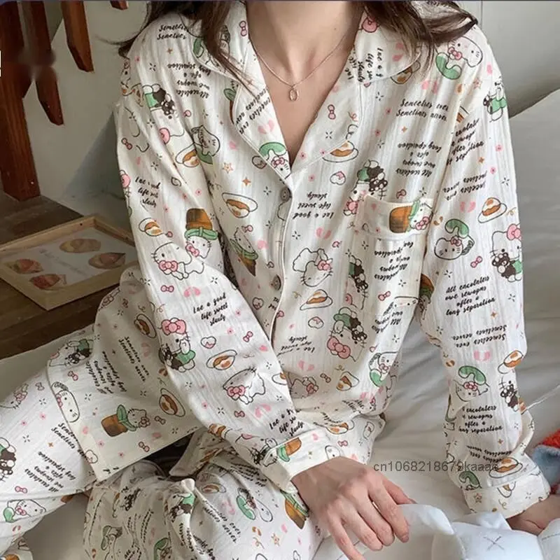 Sanrio Hello Kitty Hand Drawn Cartoon Style Pajamas Women\'s New Korean Version Sleepwear Cotton Long Sleeved Sweet Home Clothes