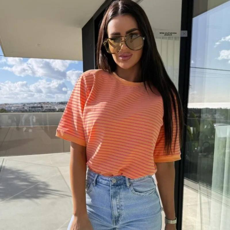 T-shirt da donna rotonda a righe Ne Loose ort Sve, comoda e casual, abbigliamento stagionale primaverile, altro Sle