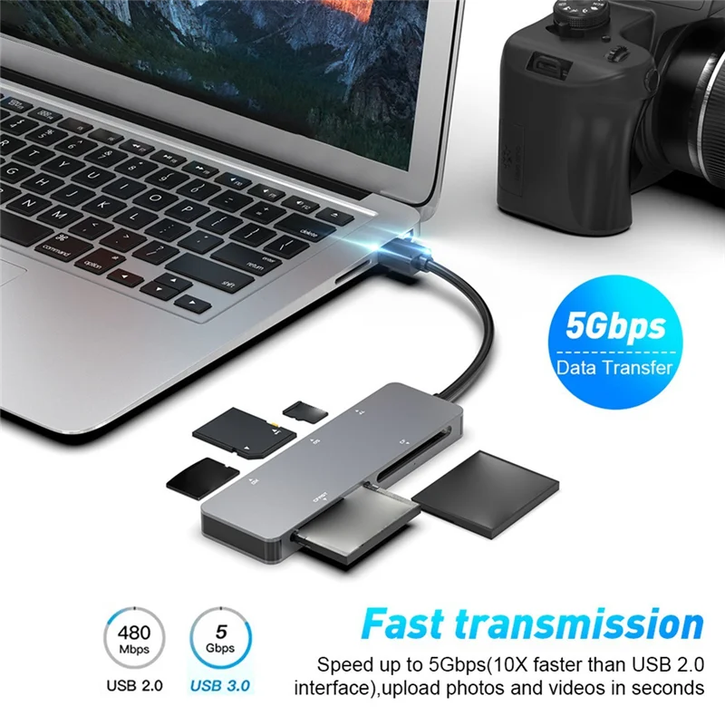 USB 3.0 Multifunction Card Reader, CF, XD, SD, TF Card Reader, 5 em 1, 5Gbps para PC, Laptop Acessórios