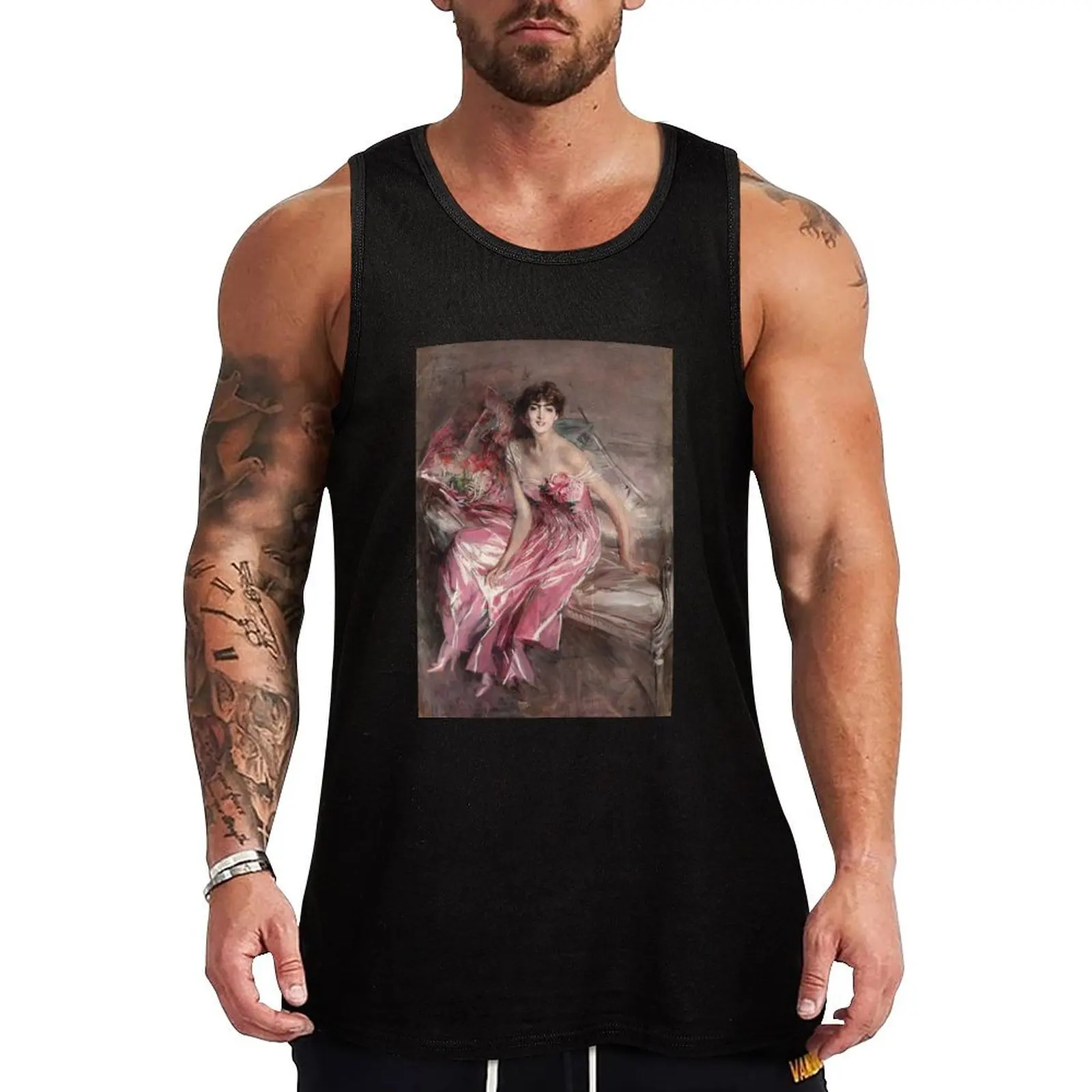 

Vintage Giovanni Boldini Signora in Rosa 1916 Fine Art Tank Top Men's sleeveless gym shirts Men's tops Men's singlets