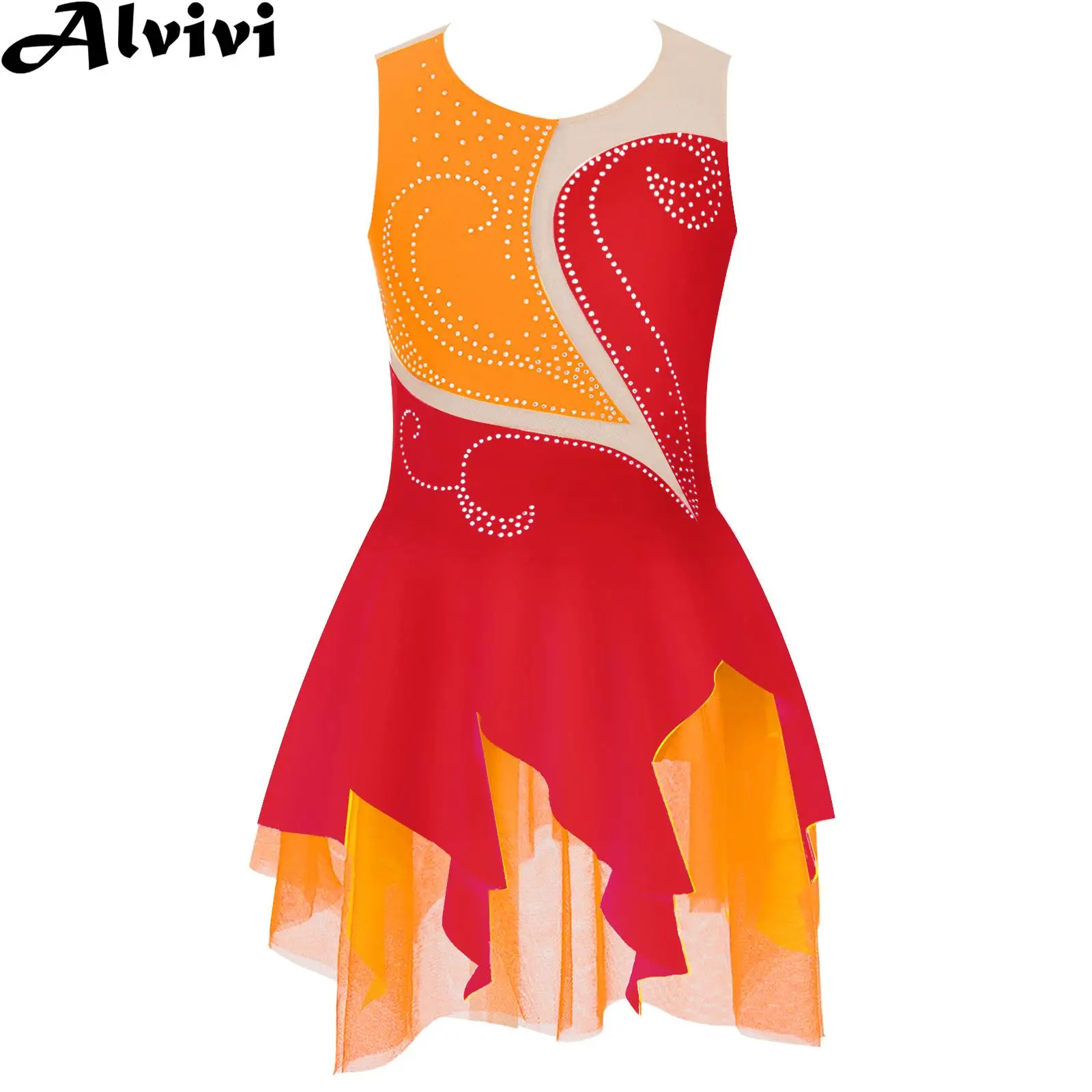 Crianças meninas vestido de dança de patinação artística sem mangas brilhante strass tutu ballet ginástica collant vestidos bailarina dancewear