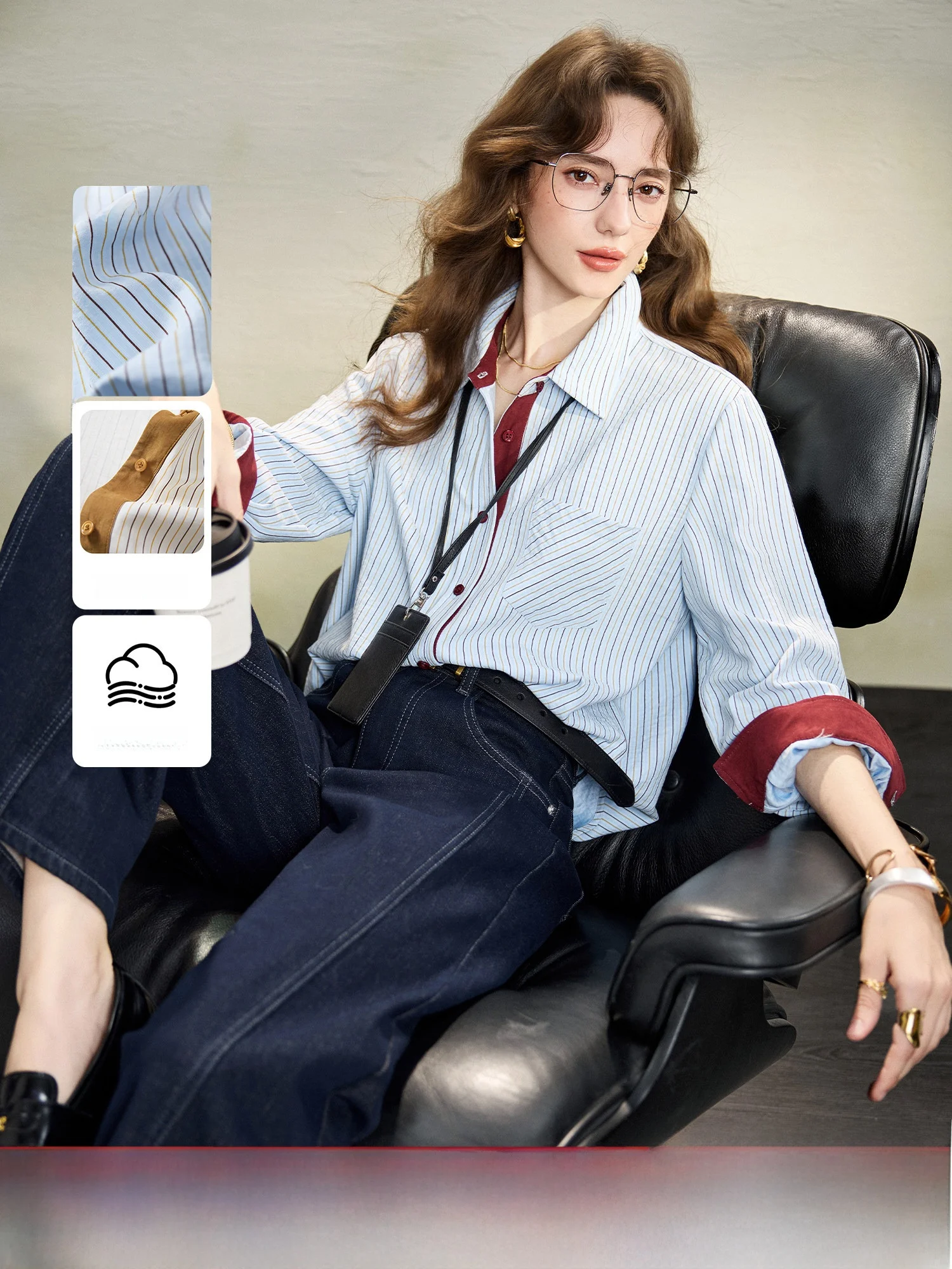 

Striped Long Sleeve Shirt Women's Fashion Collar Color Block Spring 2026 Style Casual Polyester Fiber Unisex Commute Wear