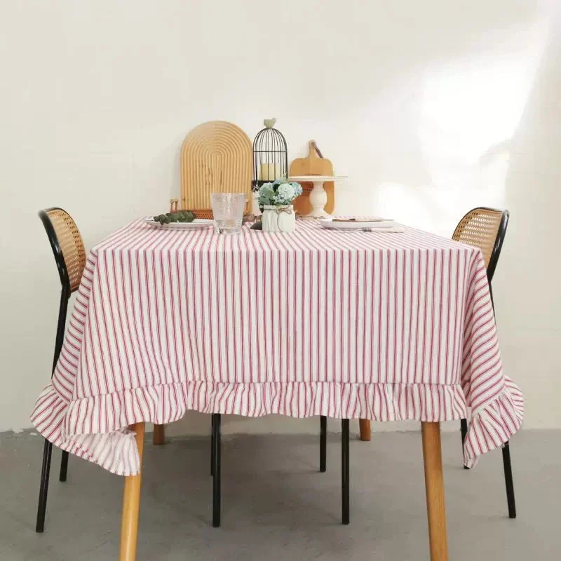 Wedding Hotel Stain Resistant Luxury 100% Cotton Rectangle Embroidered Frilly Striped Tablecloth