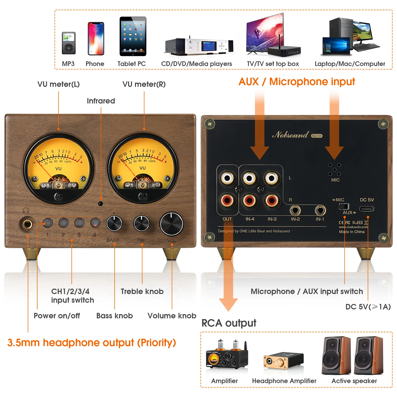 VU1-W 4-in-1-out Audio Switching Selector, High and Low Frequency Control, Preamplifier, Headphone Amplifier with Remote Control