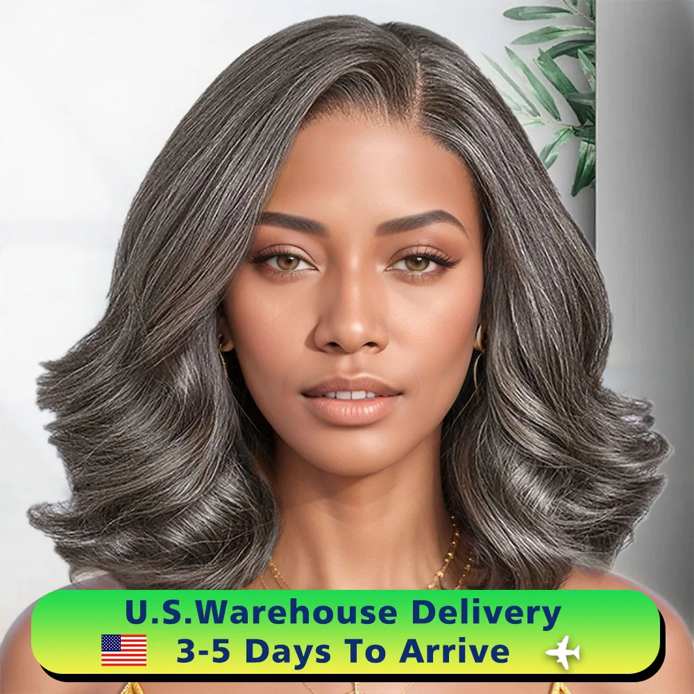 Salt & Pepper Bob Wig Grey Human Hair Glue-free 5x5 Lace Close Wig Loose Wavy Grey Silver Front Bob Wig Human Hair