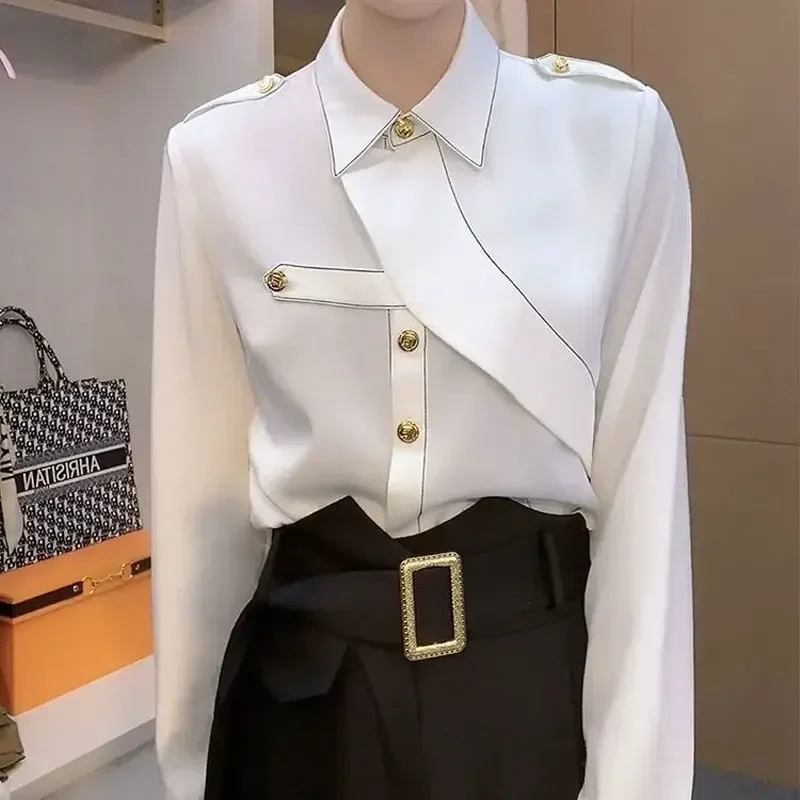 

Стильная асимметричная женская блузка-поло однотонного цвета с пуговицами, свободного кроя, для весны и осени