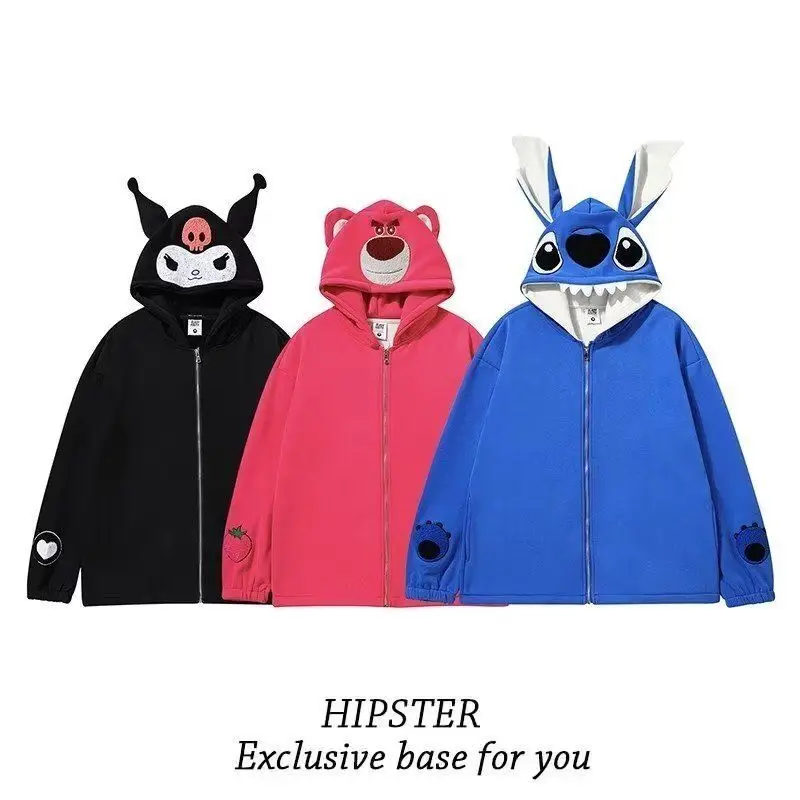 Sanrio Streetwear Retro Kuromi Cartoon Coat Cute Pink Lotso Cardigan Loose Casual Stitch Sweatshirts for Men Women Zip Up Hoodie