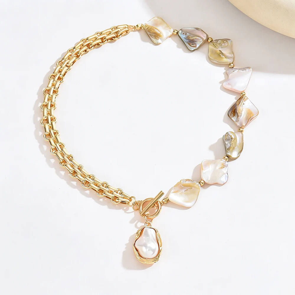 Vintage Boho Irregular Shell Beaded Faux Baroque Pearl Choker Necklace OT Toggle Clasp Chunky Gold Chain Women Daily Jewelry view 5