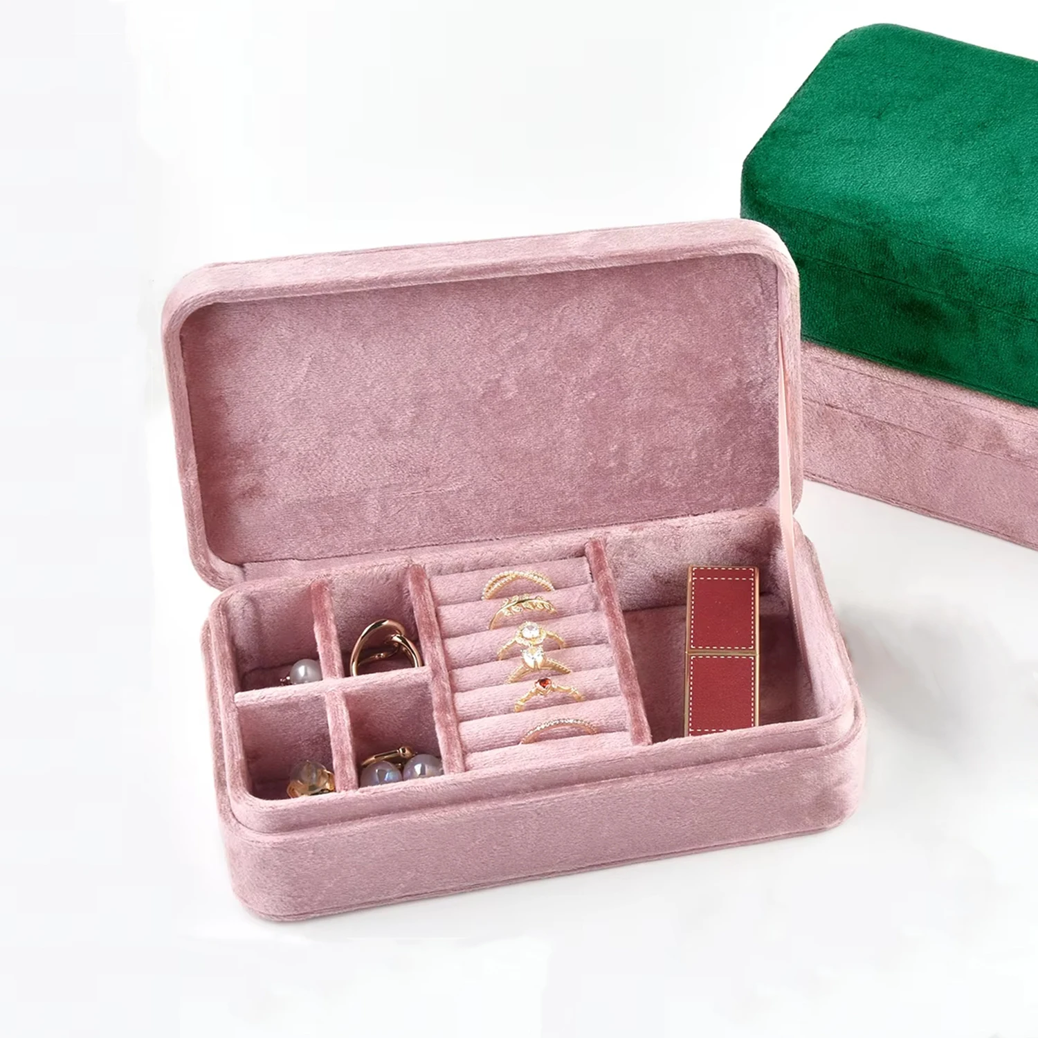 

Plush Velvet Jewelry Box Organizer Ring Bracelet Necklace Storage Case Support Free Custom Logo Jewelry Packaging Box