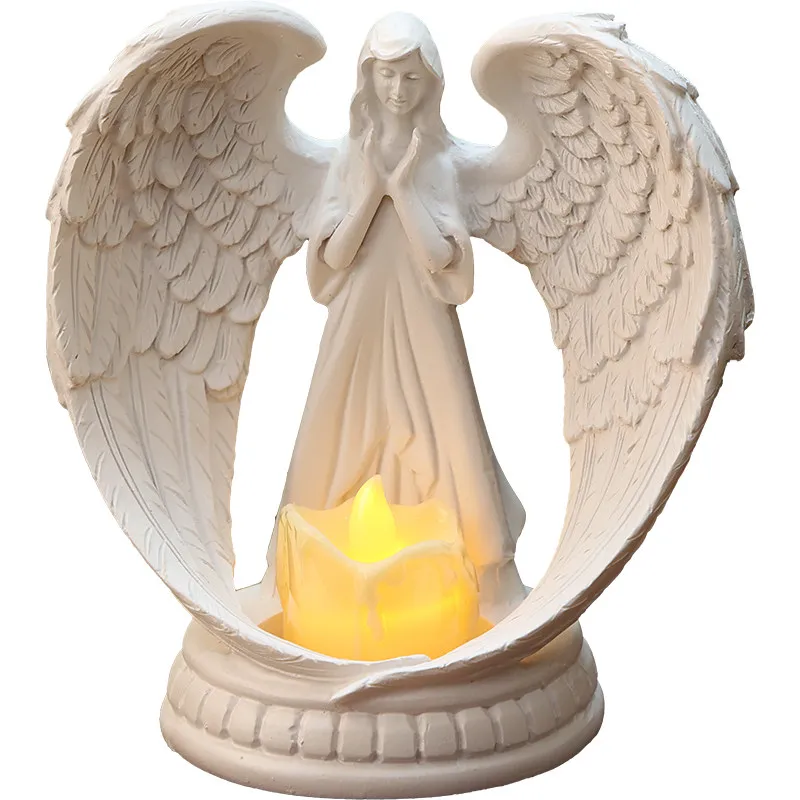 Winged Angel Candle Holder, Pure White Prayer Statue, Romantic Atmosphere Ornament for Wedding Living Room Dining Room Decor