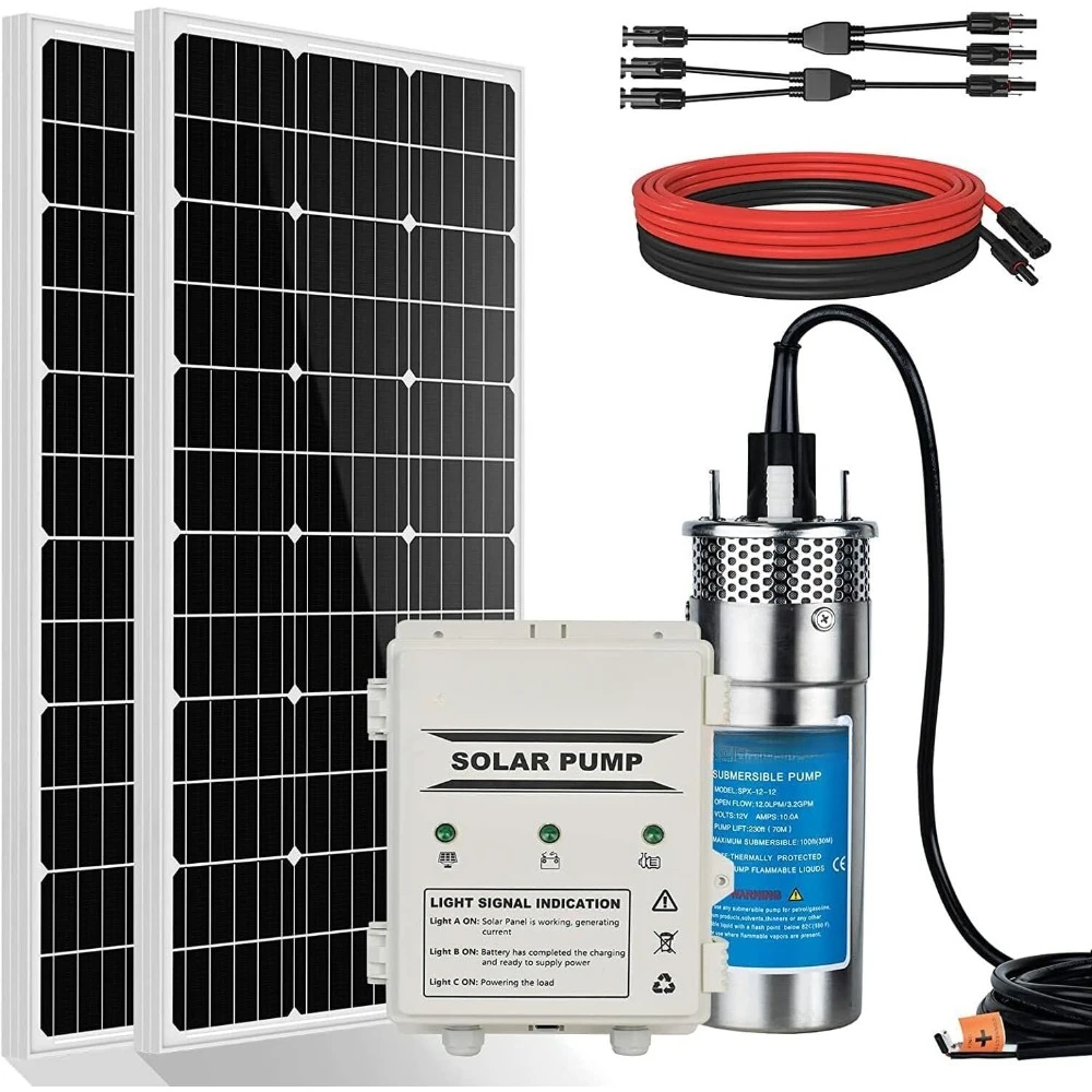 Kit de bomba de agua de pozo profundo Solar, Panel Solar sumergible de 12V CC, controlador de batería de 10AH para pozo, estanque, hogar, granja, acero inoxidable