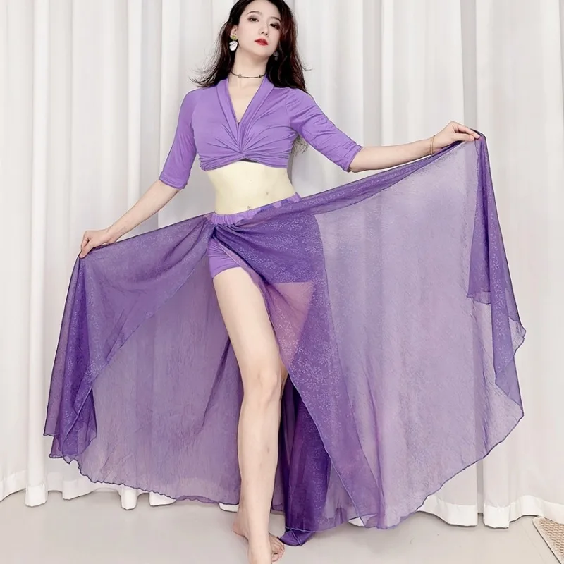 

Customized Swegal Belly Dance Practice Dress Modal Series Tie Top with Dark Pattern Simulated Silk Big Swing Skirt
