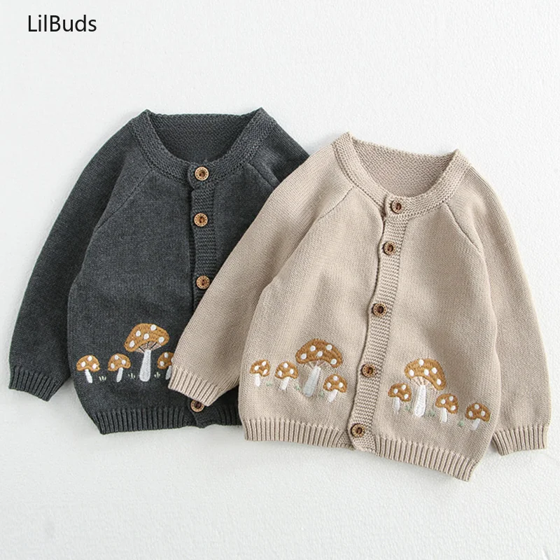 2024 Baby Girl Knitting Clothes Suit Matching Autumn Outfit Toddler Embroidery Mushroom Cardigan+Jumpsuit 2PCS Infant Sweater