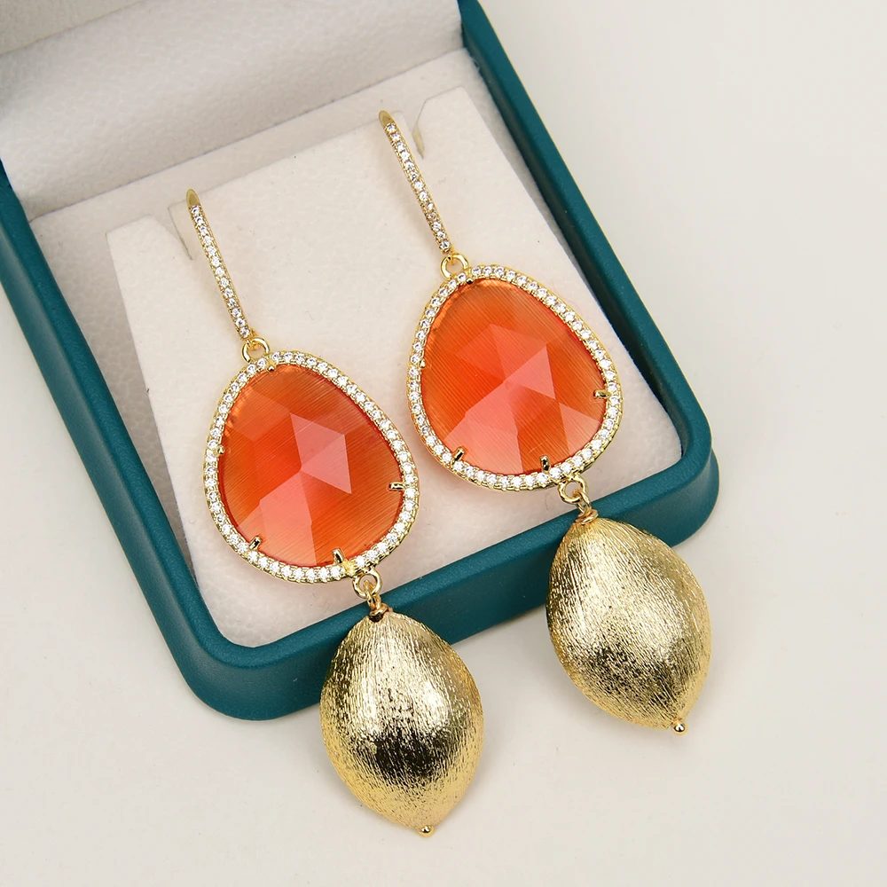 GG البرتقال الطبيعي القط العين حجر تشيكوسلوفاكيا معبد مطلية بالذهب نحى البيضاوي الخرز قلادة سوار طقم أقراط هدايا سيدة اليدوية