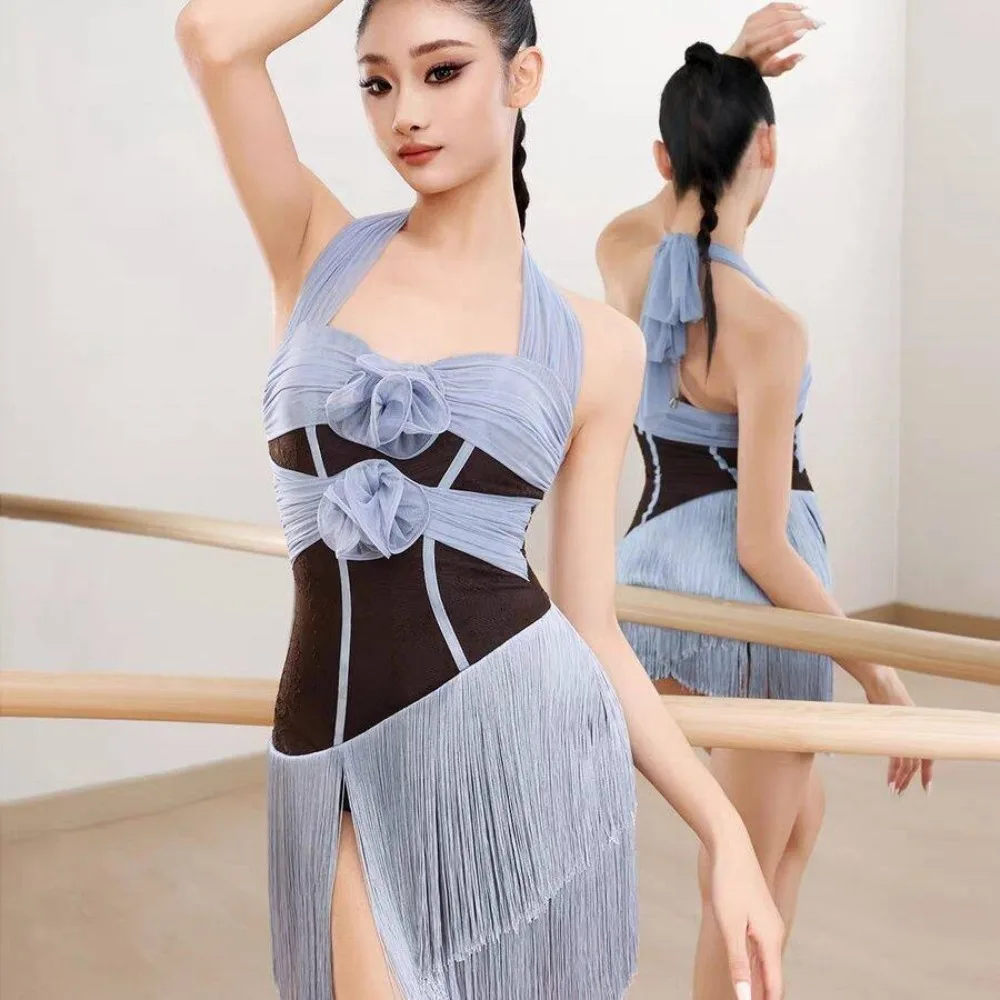 

2026 new model Latin dance outfit new versatile neck-sleeve fringed dress high-end elegant performance practice outfit