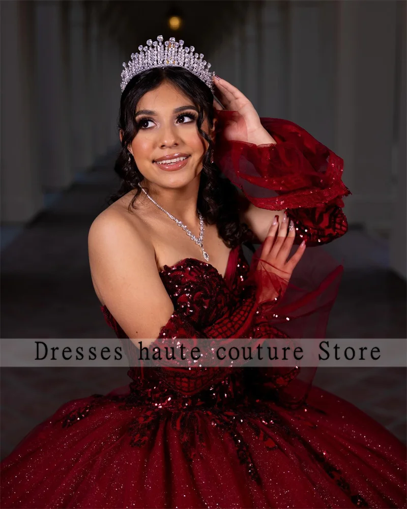 Burgundy Sequin Lace Quinceanera Dresses 2025 Customized Bead Applique Sweet 16 Dress Birthday Gowns Vestido De 15 Anos