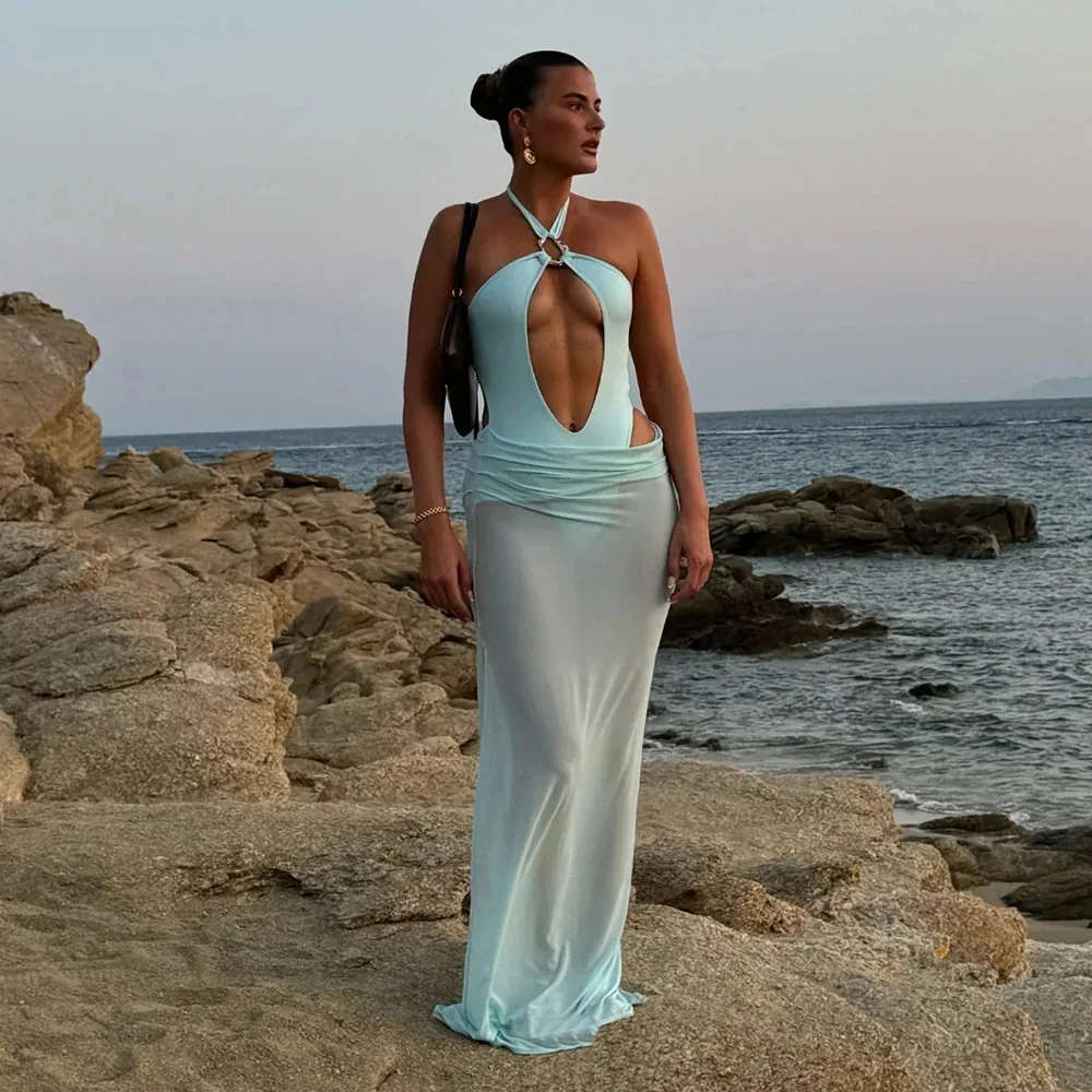 DGLUKE فستان ماكسي مثير مع ارتداءها الرسن عارية الذراعين ثنيات فستان طويل امرأة المرقعة فساتين عطلة الشاطئ