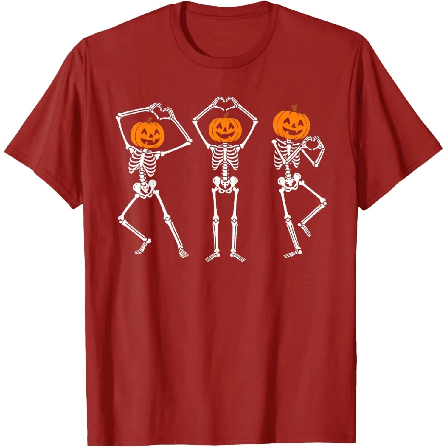 2026 New Hot Funny Skeleton Pumpkin Heart Pose Graphic Print Casual Round Neck T-Shirt for Men
