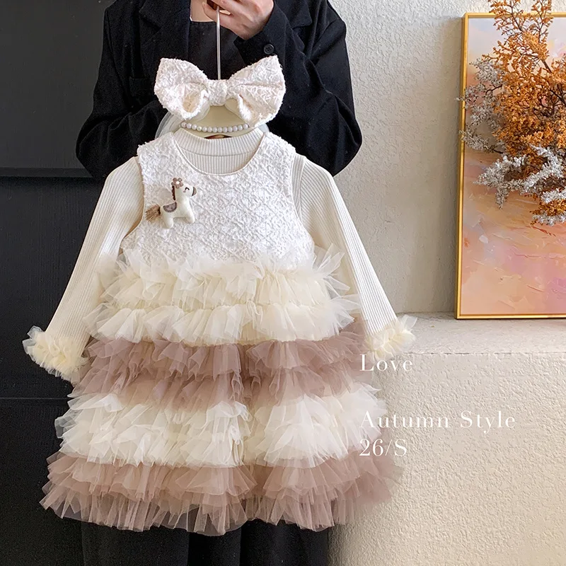 Sweet mesh cake dress spring and autumn long sleeved princess style fluffy skirt for baby girls, two-piece set