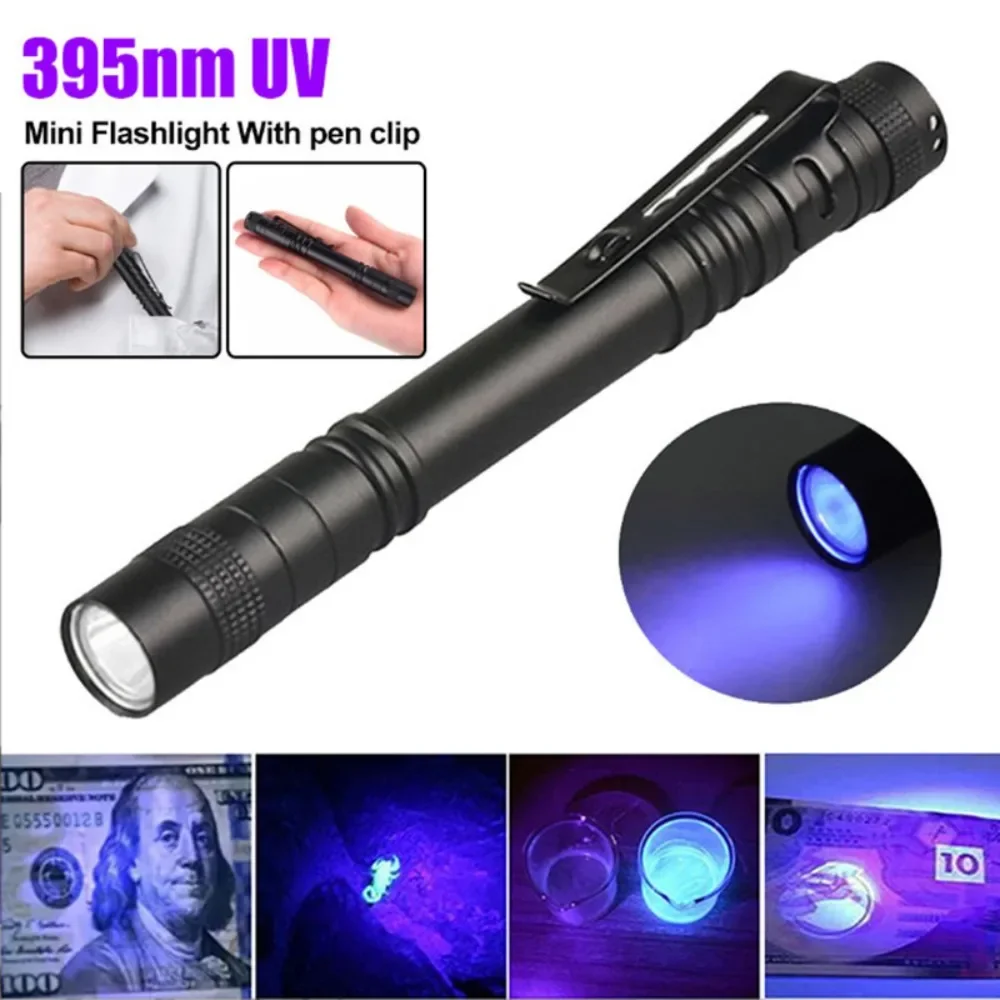 Mini Ultraviolet LED Pen Flashlight Pet Urine Scorpions Detection Lamp 395nm Violet Light Battery Powered Aluminum Alloy Torch