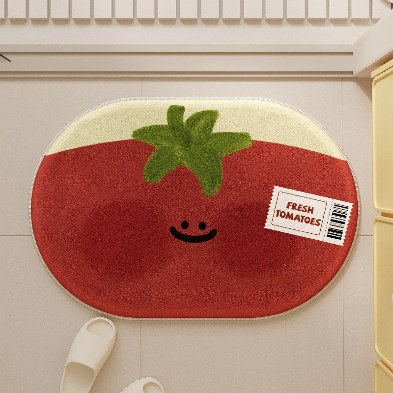 Cartoon Tomato Printed Short Plush Bathroom Non Slip Mat, Cute Style Door Mat, Indoor Small Carpet