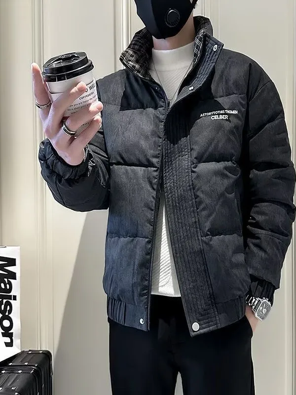 Ele Youth Men's down Cotton Jaet Winter Faion Brand Embroidery Hip Haome Thiened Stand Fit Coat for Men