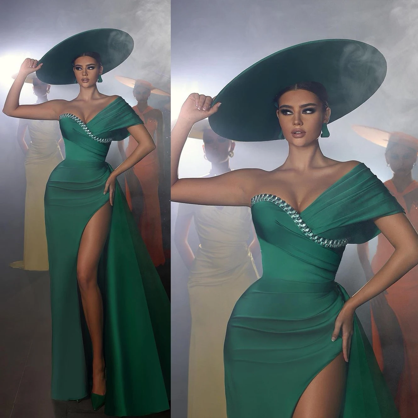 Um ombro plissado vestido de cetim, vestidos de baile da sereia, vestido formal, verde, sexy, elegante