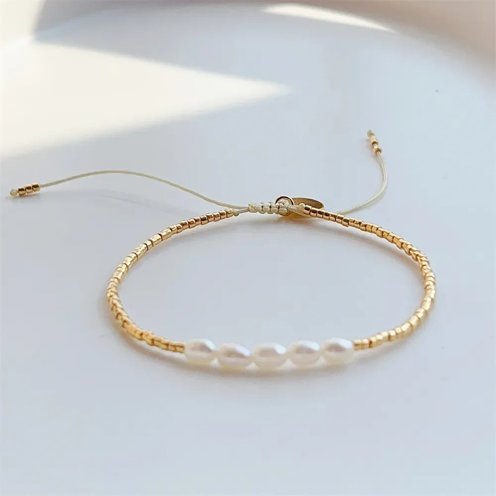 KKBEAD-Pulseras Miyuki para mujer, pulsera de perlas naturales de lujo, cuentas de Color dorado, joyería fina Simple, regalo