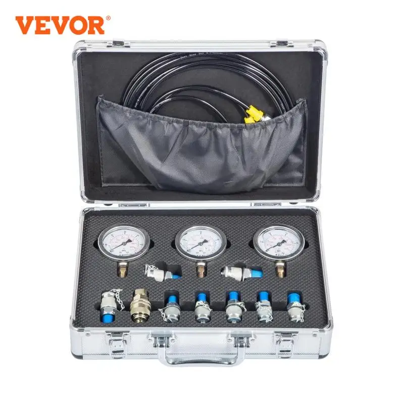 VEVOR Kit di Test della Pressione Idraulica dell'Escavatore in Alluminio, Pressione Massima di Lavoro: 9000PSI / 600BAR / 60MPa, per Usato in Automobili, Macchine Edili, Navi e Campi Militari