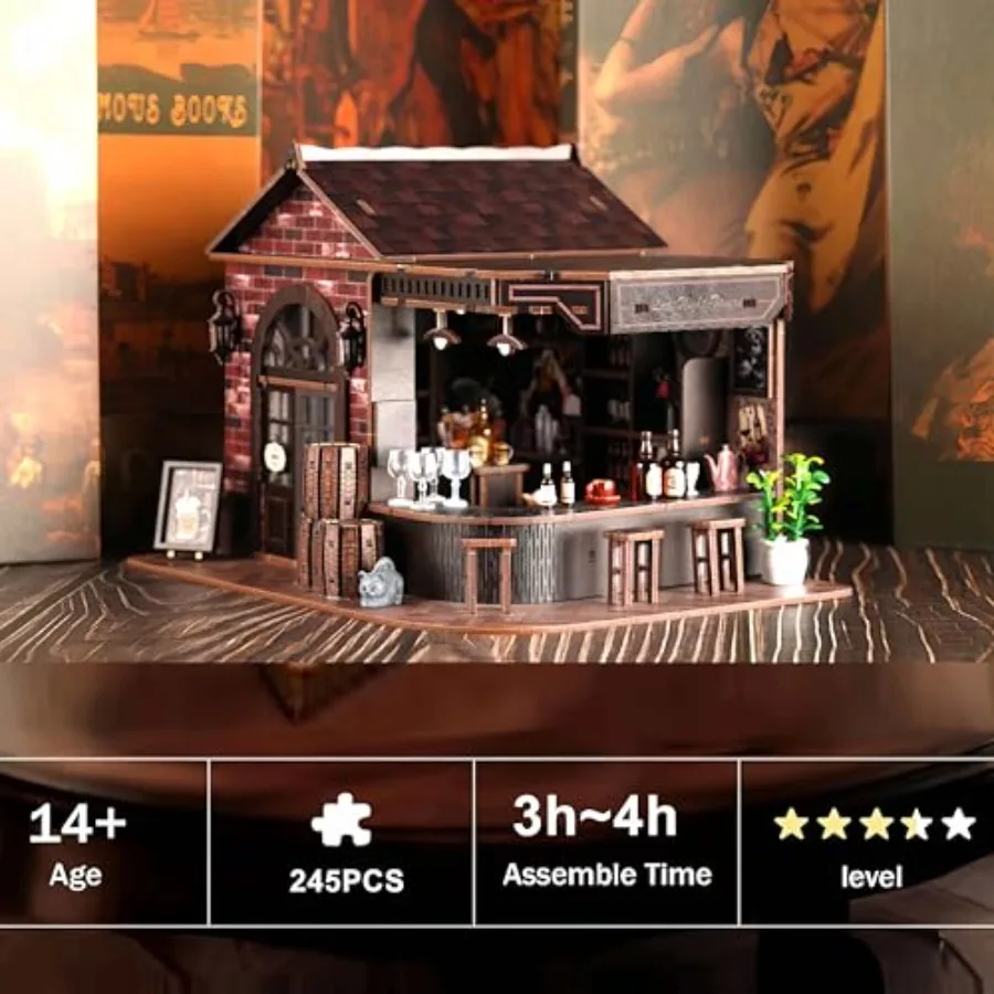 Book Nook Kit, 3D Wooden Miniature Tavern and Pub Dollhouse with LED Lights - DIY Mini House Craft Model for Adults, Birthday V view 5