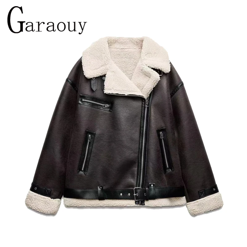 Woman\'s Thick Warm Double Faced Faux Fur Shearling Jacket Coat Fall Winter Lapel Long Sleeve Belte Zip Female Leather Outerwear