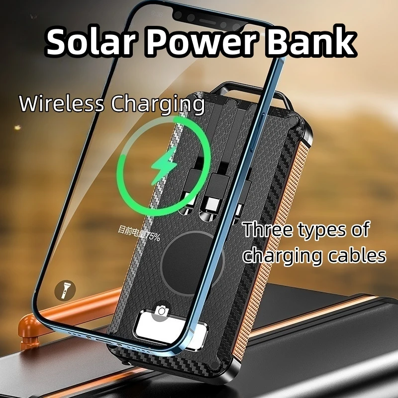 

10000mAh Solar Power Bank Wireless Charging with LDE Light Mobile Power Outdoor Camping Fast Charging Battery Christmas Gift