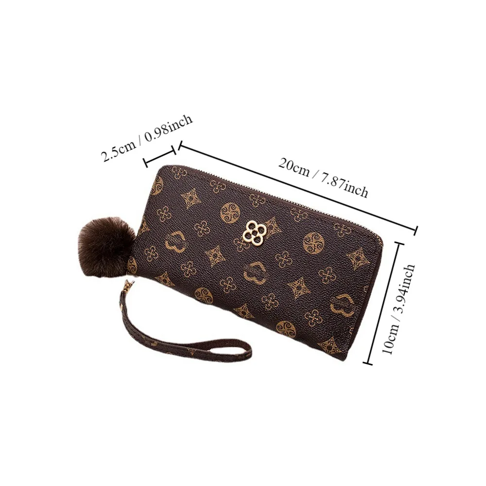 Portafoglio lungo da donna in pelle PU Palla soffice e decorazione stampata Pochette lunga portatile Porta carte da donna di grande capacità