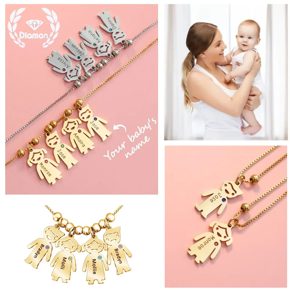 

Diamon Personalized Name Charming Necklace with Birthstones Engraving Baby Kids Name Stainless Steel Mother's Day Doll Gift