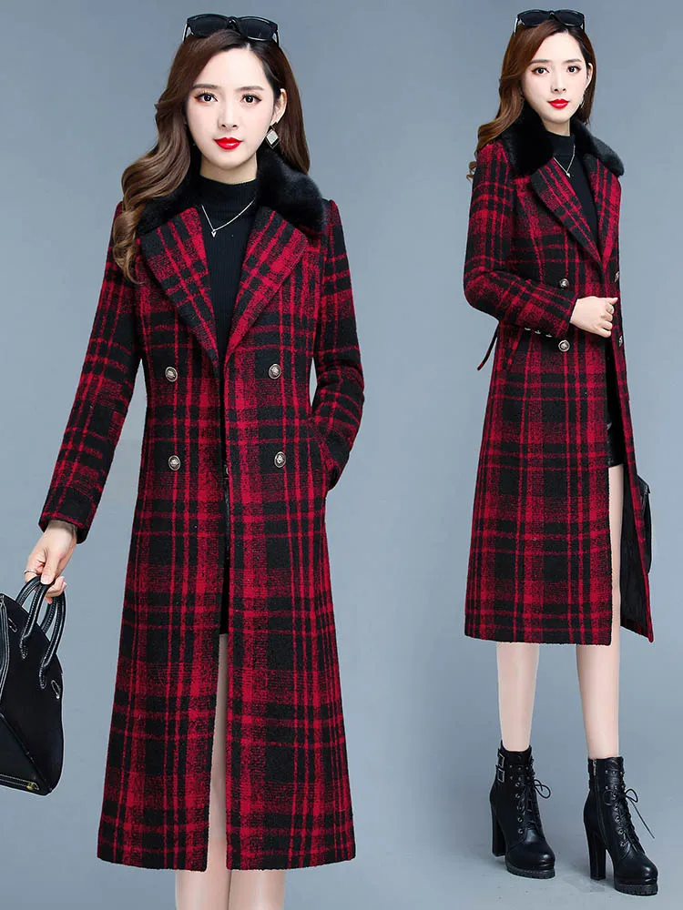 Pop Women Woolen Down Coat Winter Elegant Fashion Fur Collar Down Liner Slim Long Plaid Wool Blends Coat Thick Warm Outerwear