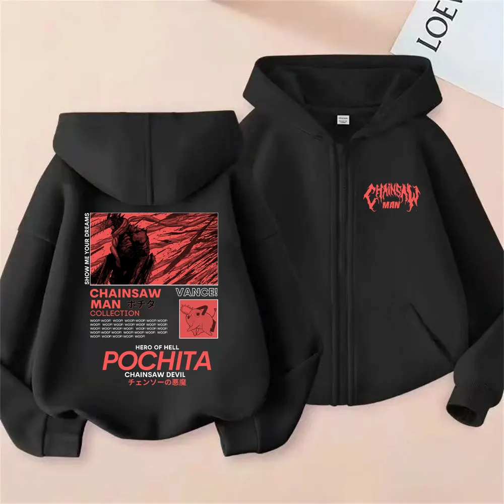 

Anime Chainsaw Man Graphic Zipper Hoodie Denji Pochita Print Zip Up Jacket Coat Men's Women Manga Fashion Oversized Streetwear