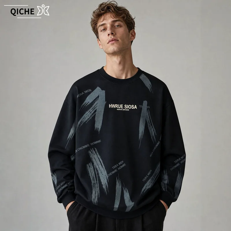 QICHE Spring Autumn Casual Top For Men Crew Neck Long Sleeve Sweatshirt Basic Inner Layering Shirt