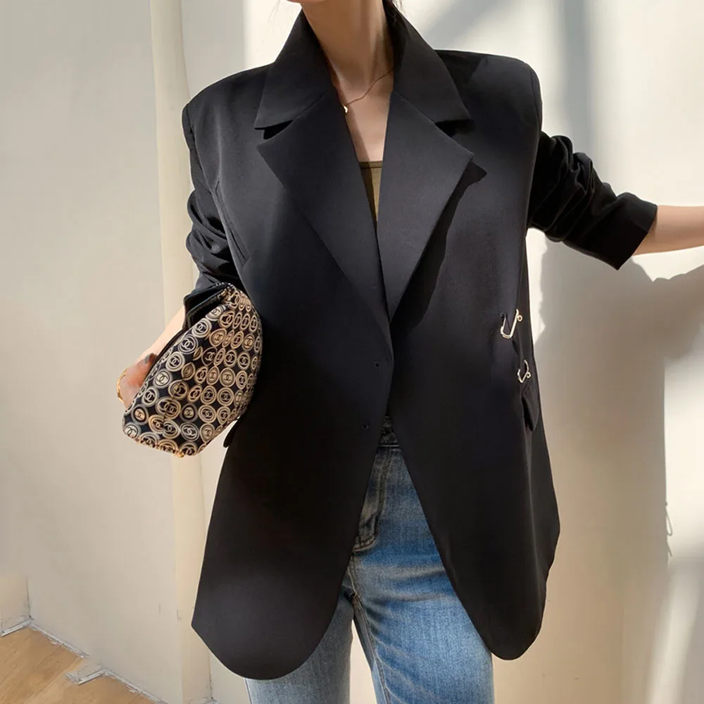 Women Black Oversize Casual Jacket New Lapel Long Sleeve Loose Blazer Fashion Pin Office Ladies Suits Coat Spring Autumn 2023