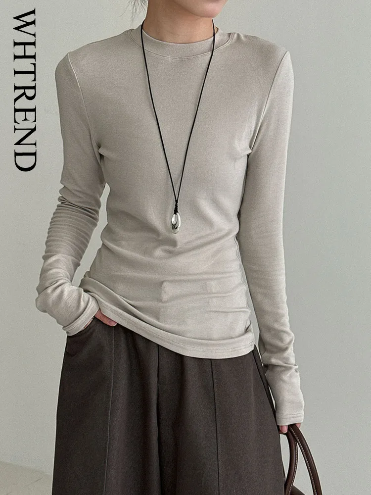 

WHTREND Slim Fit однотонная дизайнерская базовая футболка для женщин осенняя новая повседневная универсальная внутренняя одежда WH1468