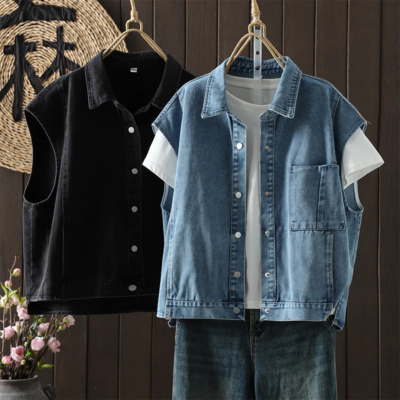 Loose Casual Short Denim Vest Jacket Single Button Collar Casual Button Women's Fashion Inner Wear Cotton Polyester Blend