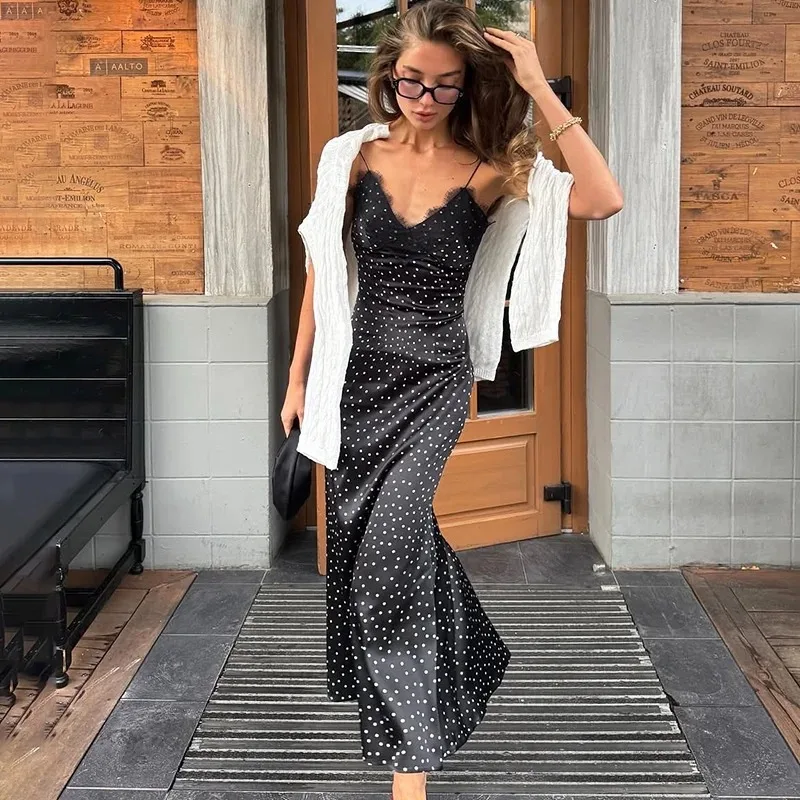 

Ticketsx Sexy Polka Dot Long Dress Fashion Vintage Lace Patchwork Sleeveless Backless Dress Elegant Women's Party Evening Dress